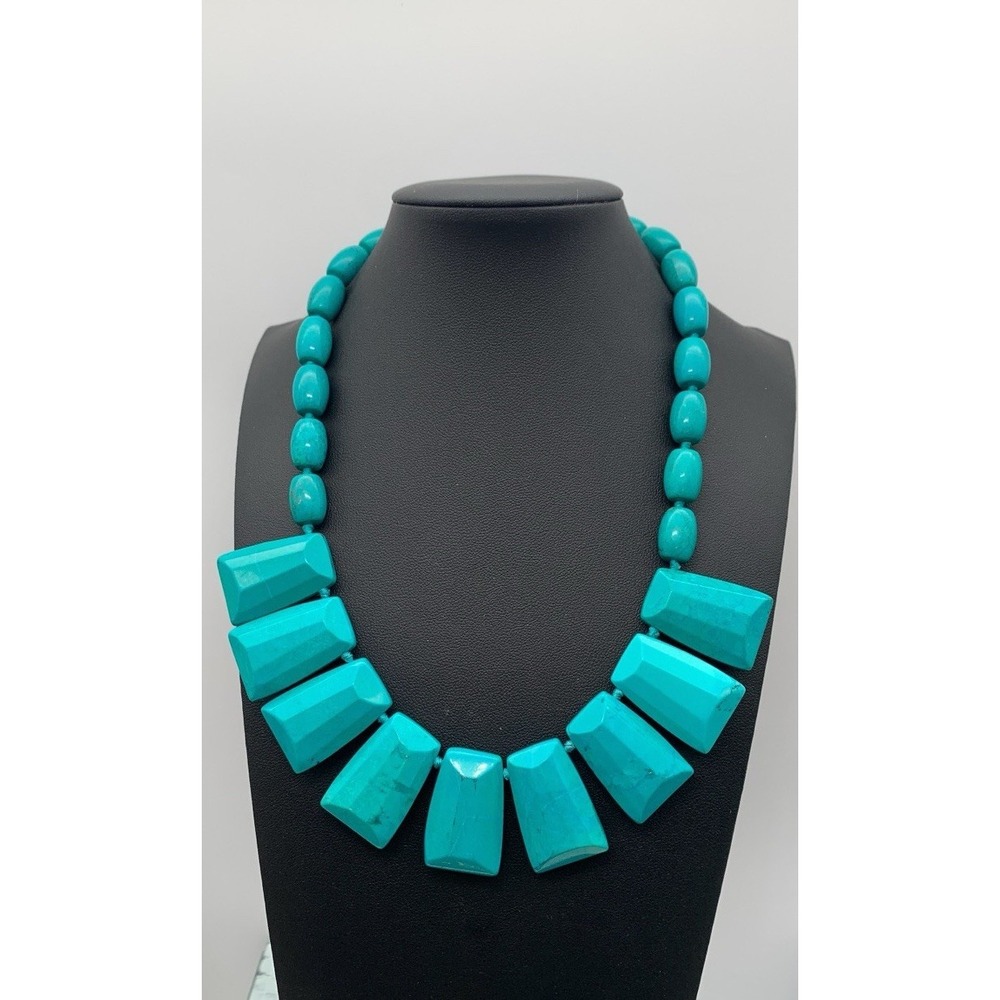 Chunky Weighty‎ Hand Knotted Dyed Turquoise Geometric Stone Necklace 16-18"